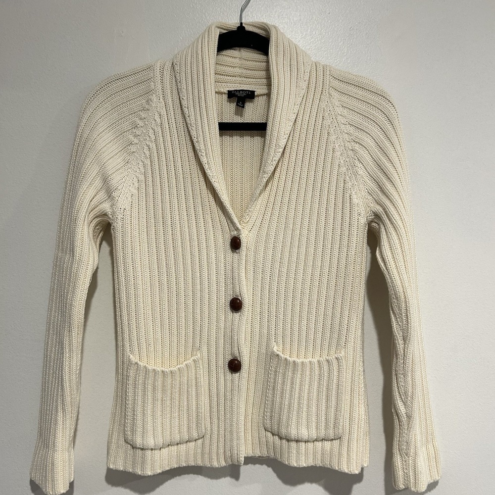 Talbots‎ Cardigan coastal librarian heritage cotton Sz S Pet Cream Shawl Collar
